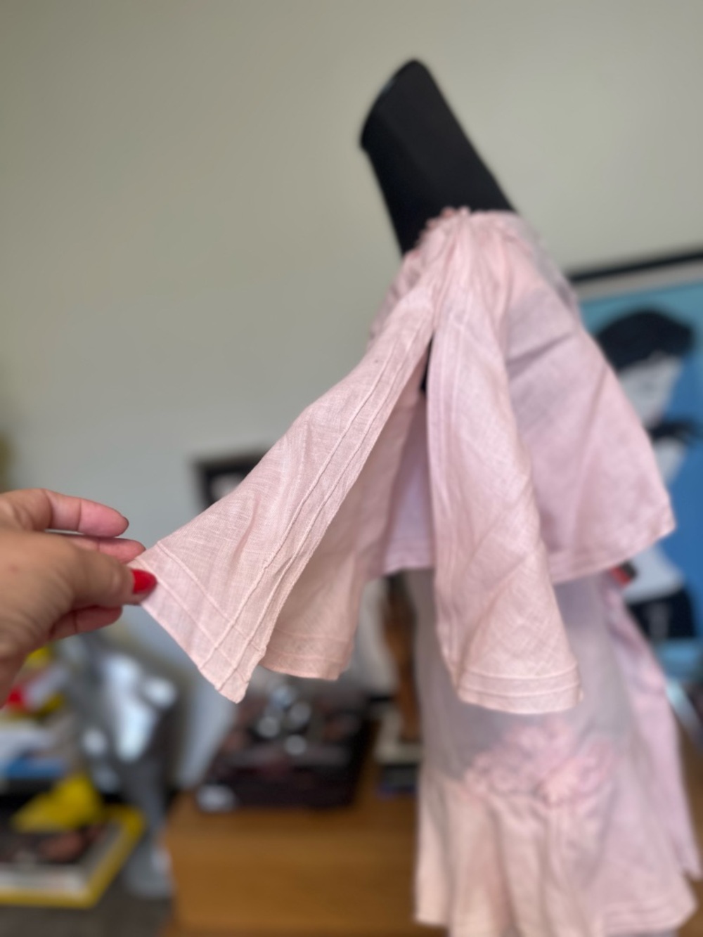 Light Pink Linen Midi Dress with Ruffle Detail - Picture 3 of 8